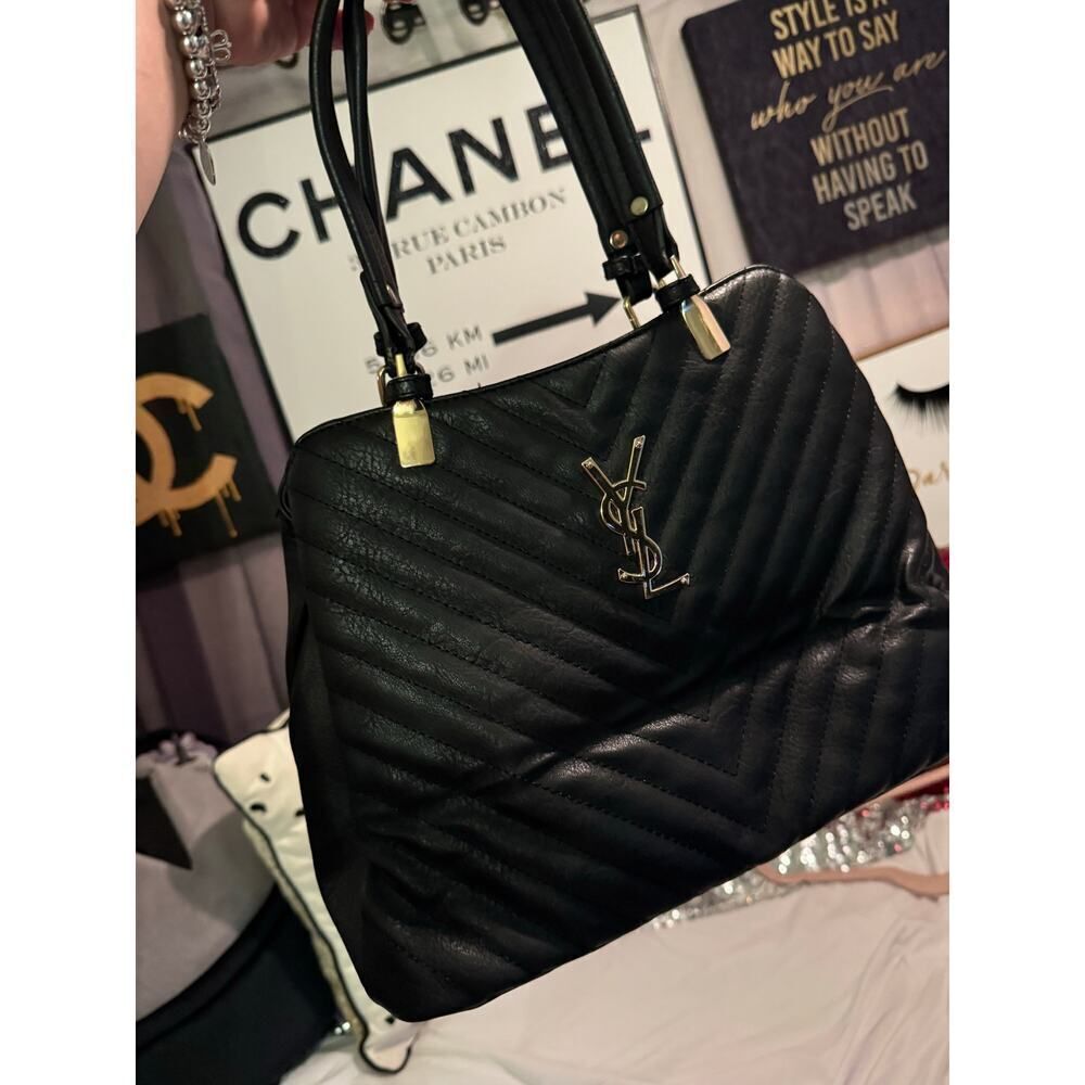 Black quilted leather lettered tote satchel bag luxe
